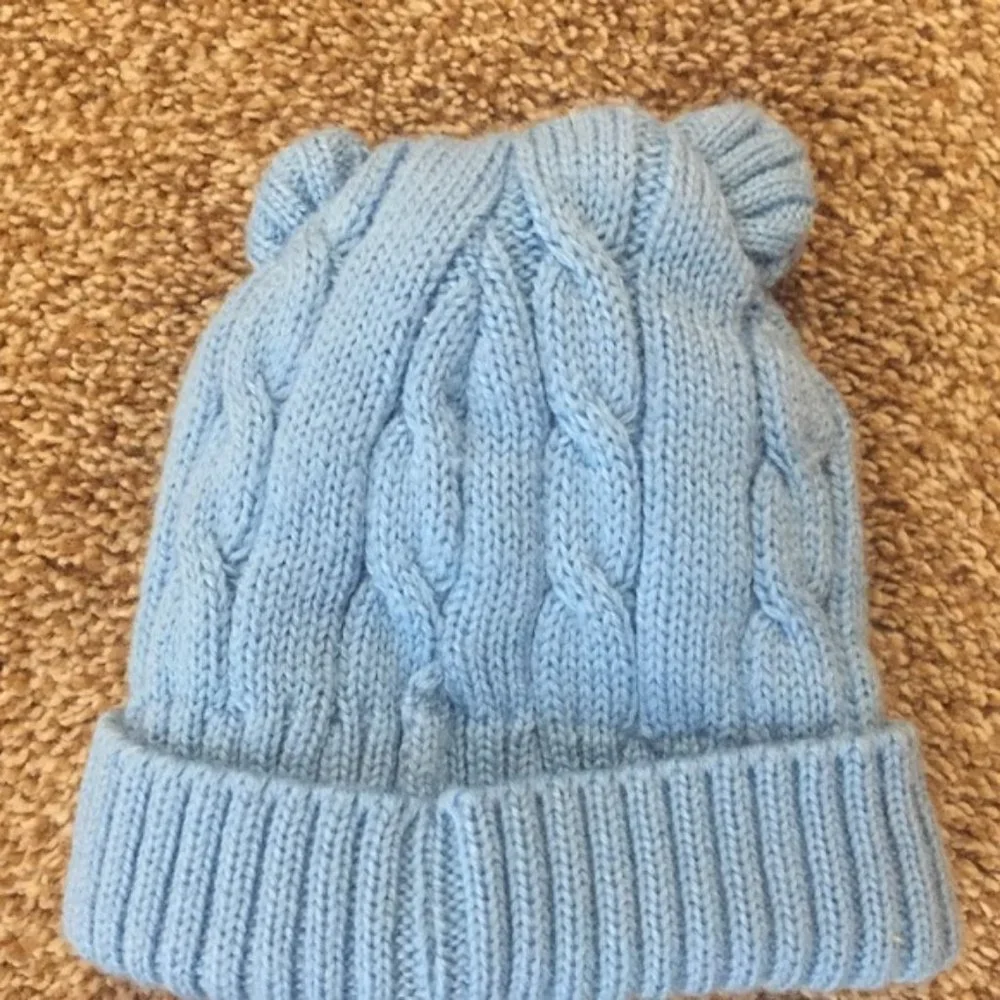 Blue cable baby beanie hat with ears